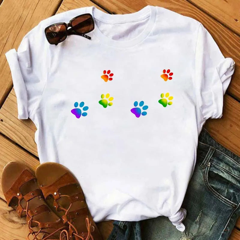 Fashion Women Dogs Paws T Shirt Peace Love Dogs Funny