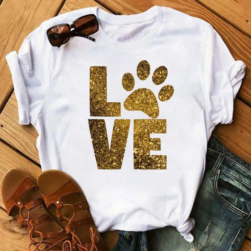 Fashion Women Dogs Paws T Shirt Peace Love Dogs Funny
