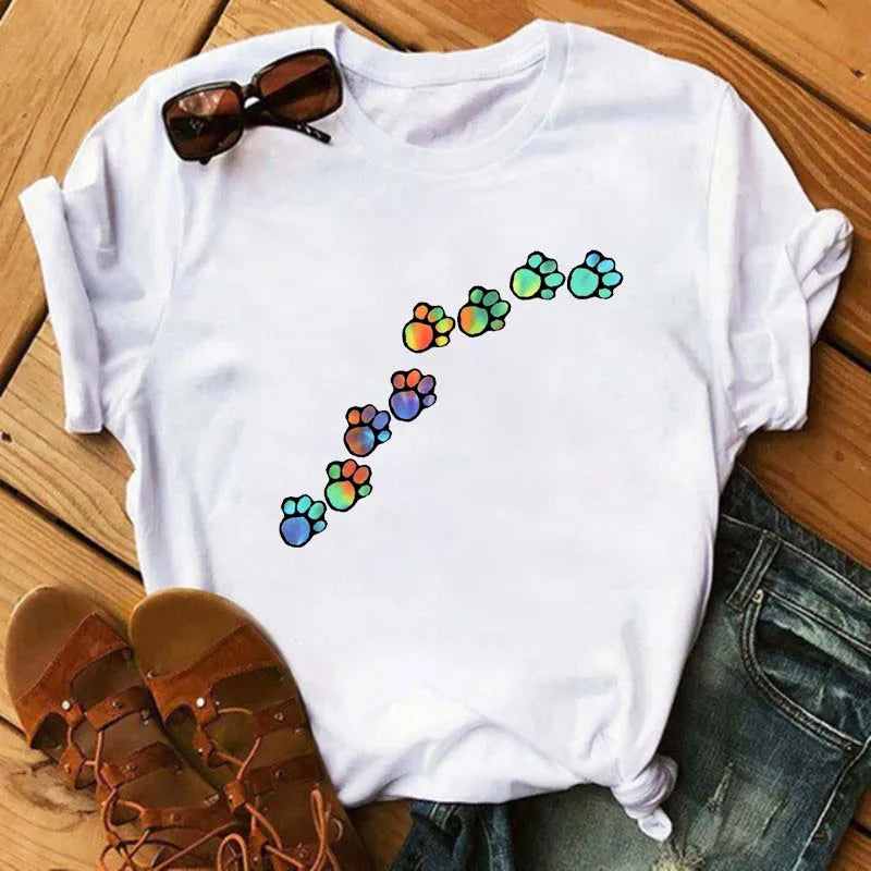 Fashion Women Dogs Paws T Shirt Peace Love Dogs Funny