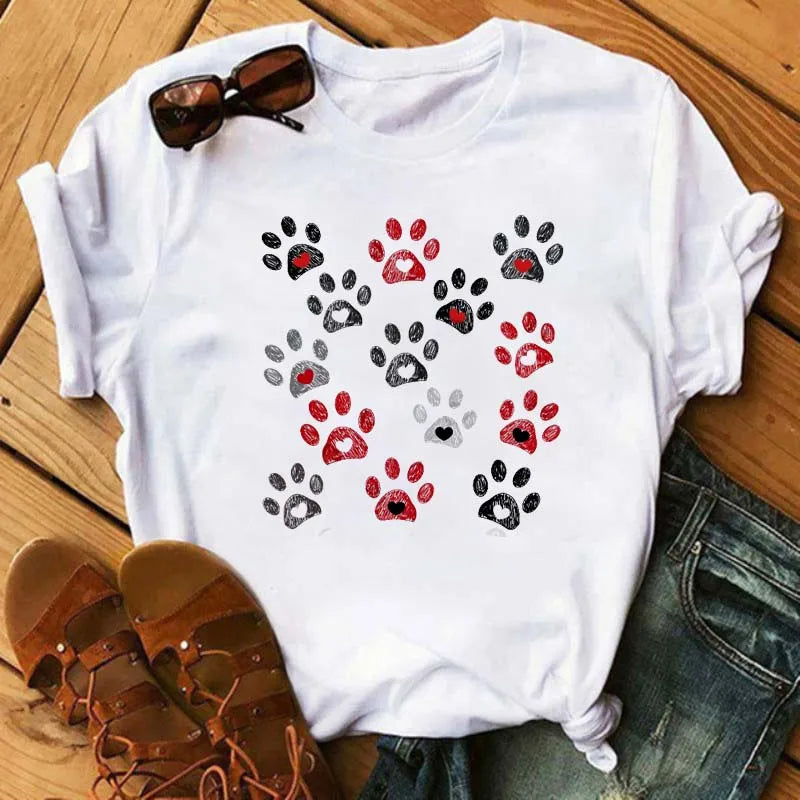 Fashion Women Dogs Paws T Shirt Peace Love Dogs Funny