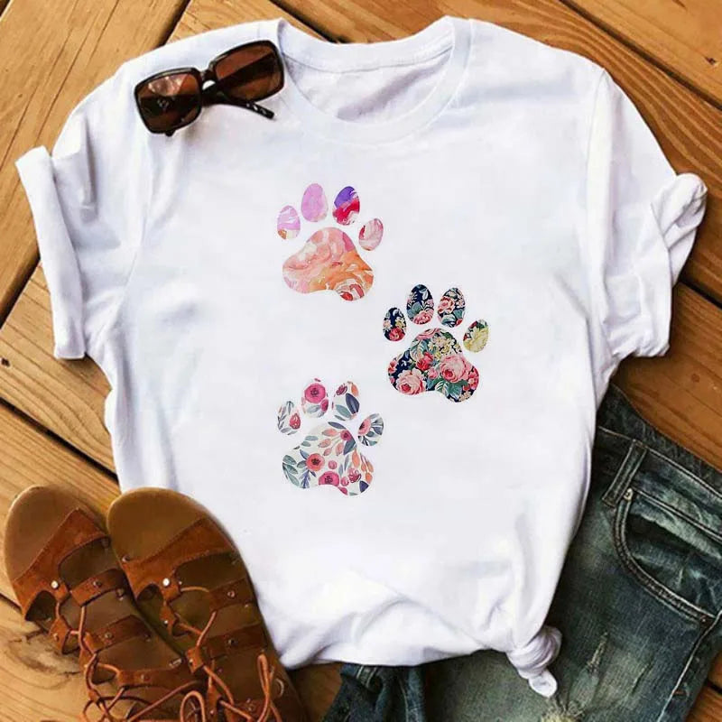 Fashion Women Dogs Paws T Shirt Peace Love Dogs Funny