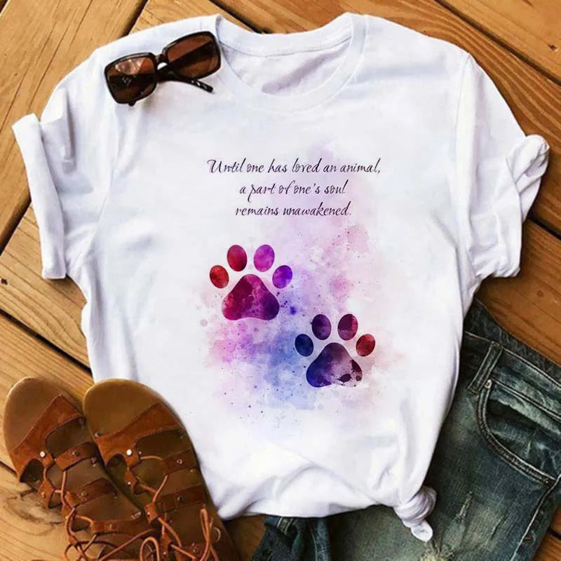 Fashion Women Dogs Paws T Shirt Peace Love Dogs Funny