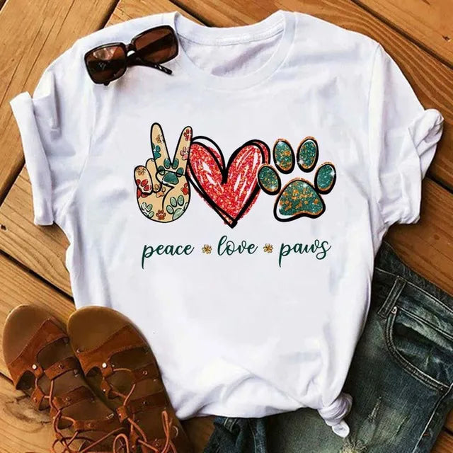 Fashion Women Dogs Paws T Shirt Peace Love Dogs Funny