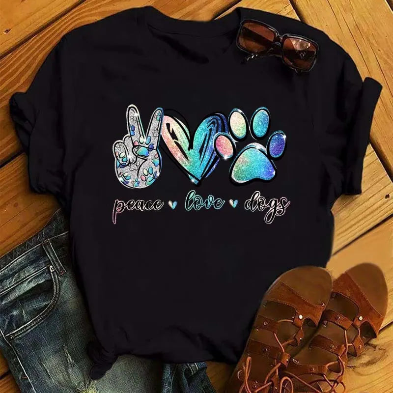 Fashion Women Dogs Paws T Shirt Peace Love Dogs Funny