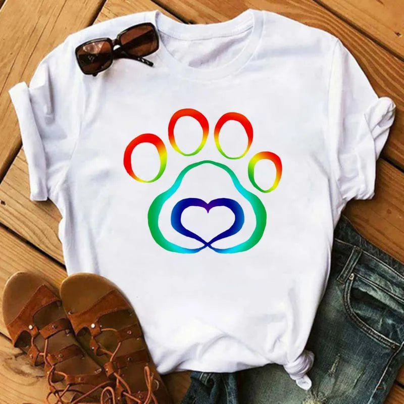 Fashion Women Dogs Paws T Shirt Peace Love Dogs Funny