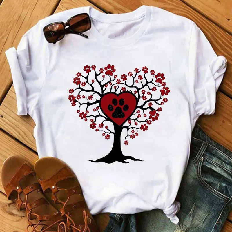 Fashion Women Dogs Paws T Shirt Peace Love Dogs Funny