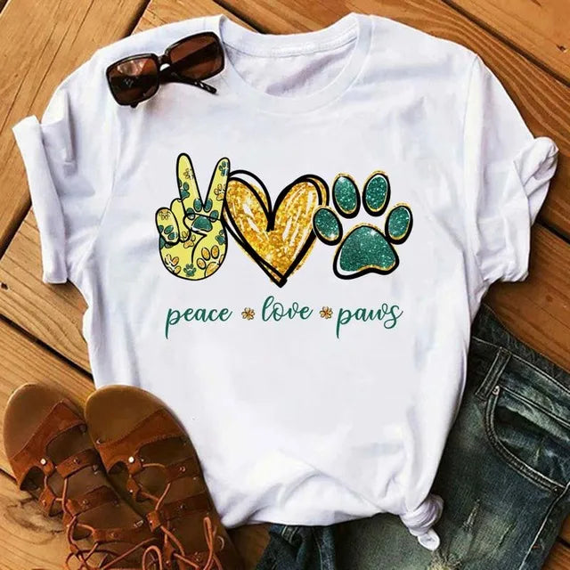 Fashion Women Dogs Paws T Shirt Peace Love Dogs Funny