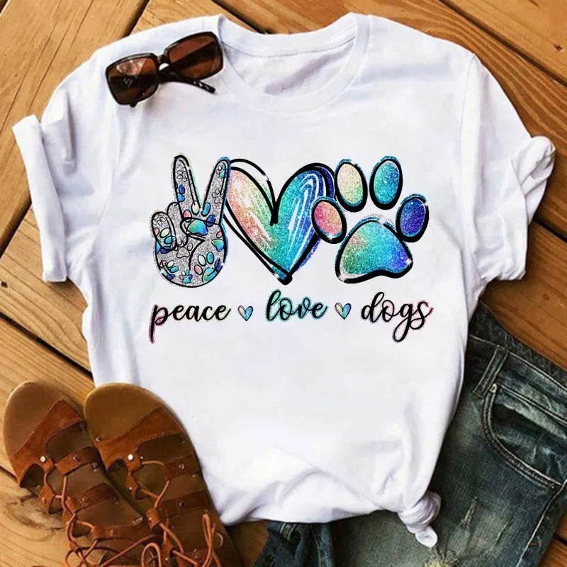 Fashion Women Dogs Paws T Shirt Peace Love Dogs Funny