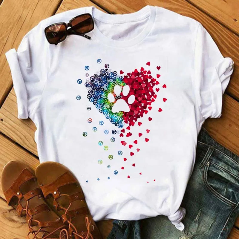 Fashion Women Dogs Paws T Shirt Peace Love Dogs Funny