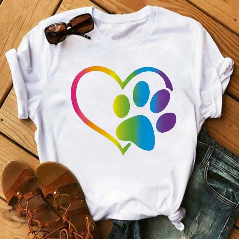 Fashion Women Dogs Paws T Shirt Peace Love Dogs Funny