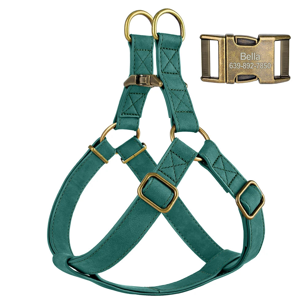 Custom PU Leather Harness And Leash Engraved Dog