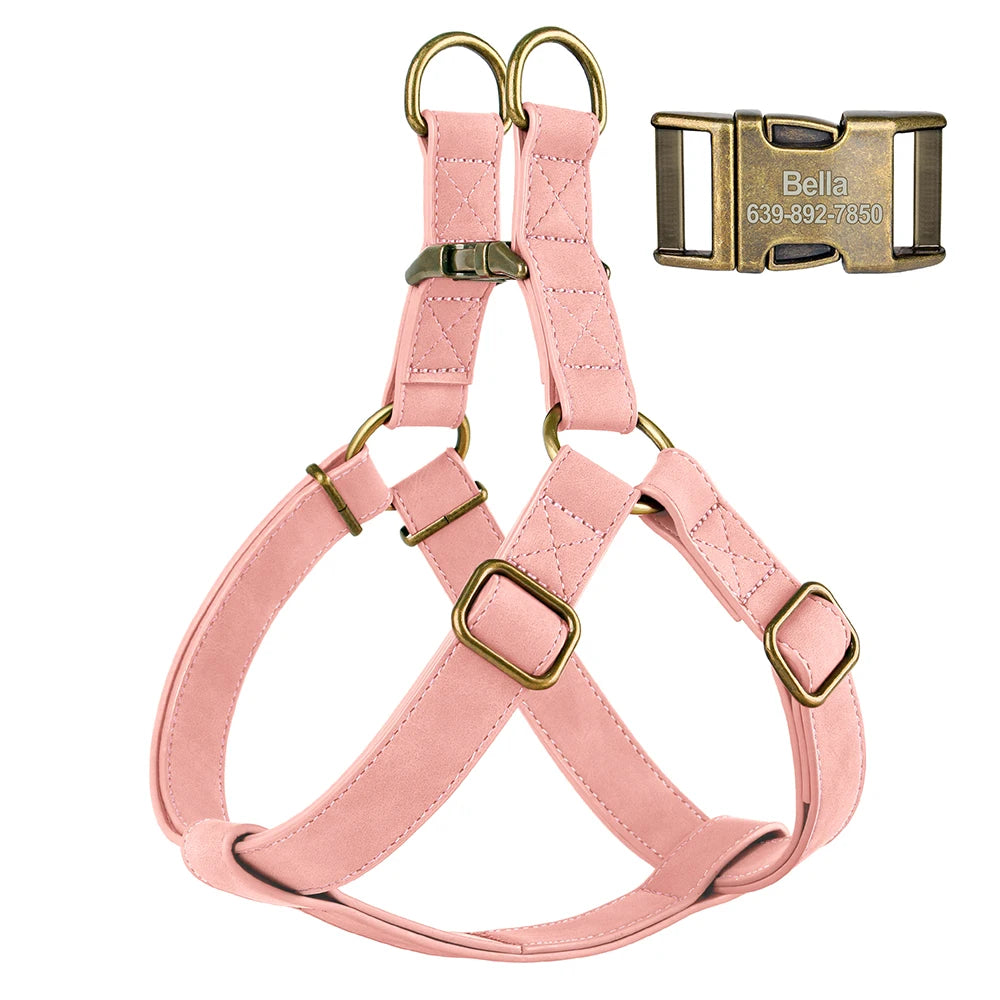 Custom PU Leather Harness And Leash Engraved Dog