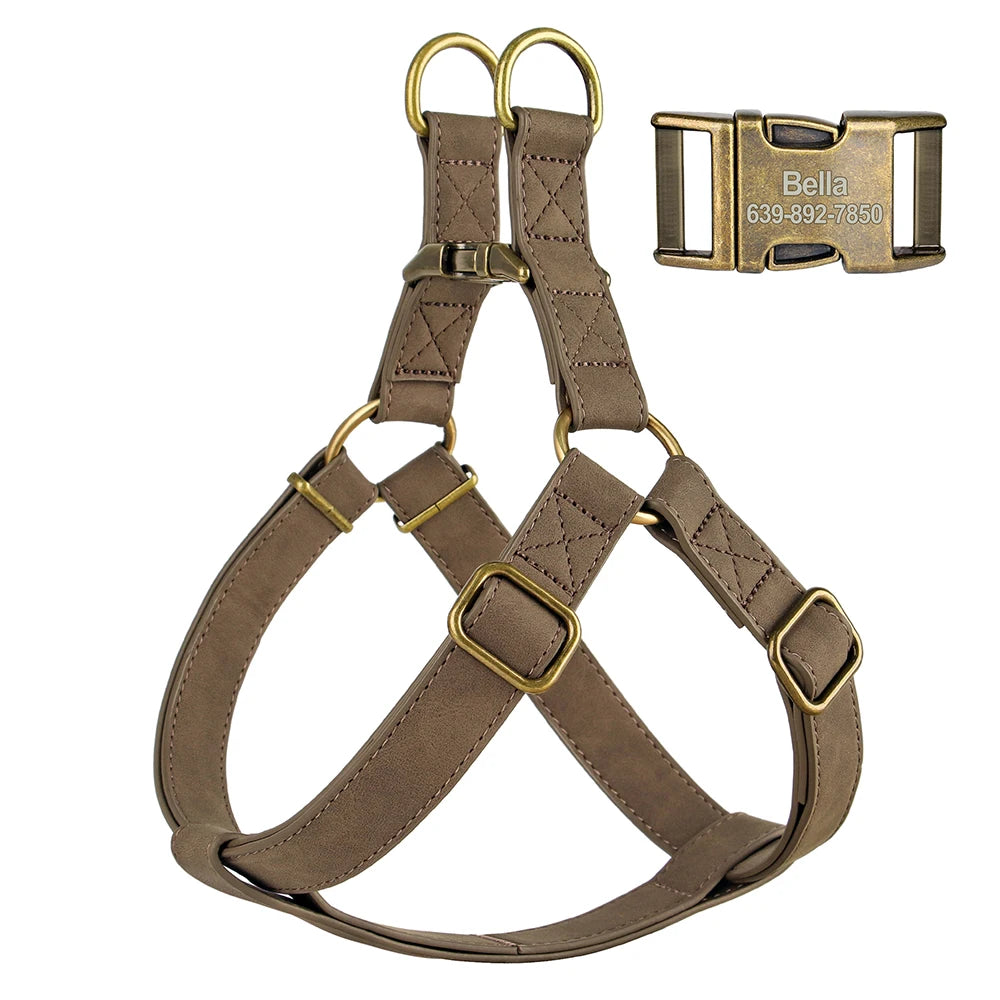 Custom PU Leather Harness And Leash Engraved Dog