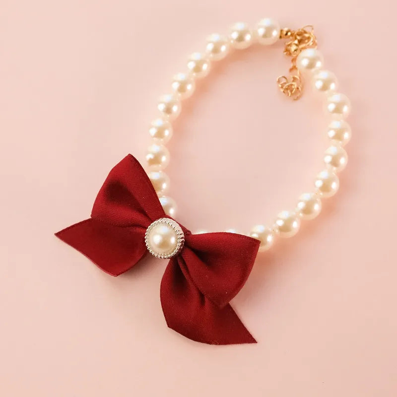 Pet Collar Pearl Bow Necklace Jewelry Cute Collar Puppy
