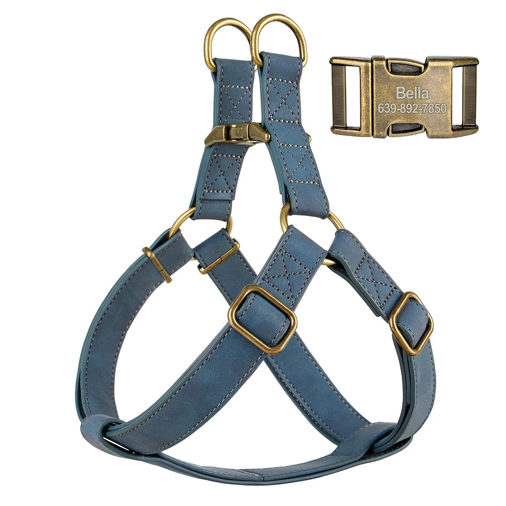 Custom PU Leather Harness And Leash Engraved Dog