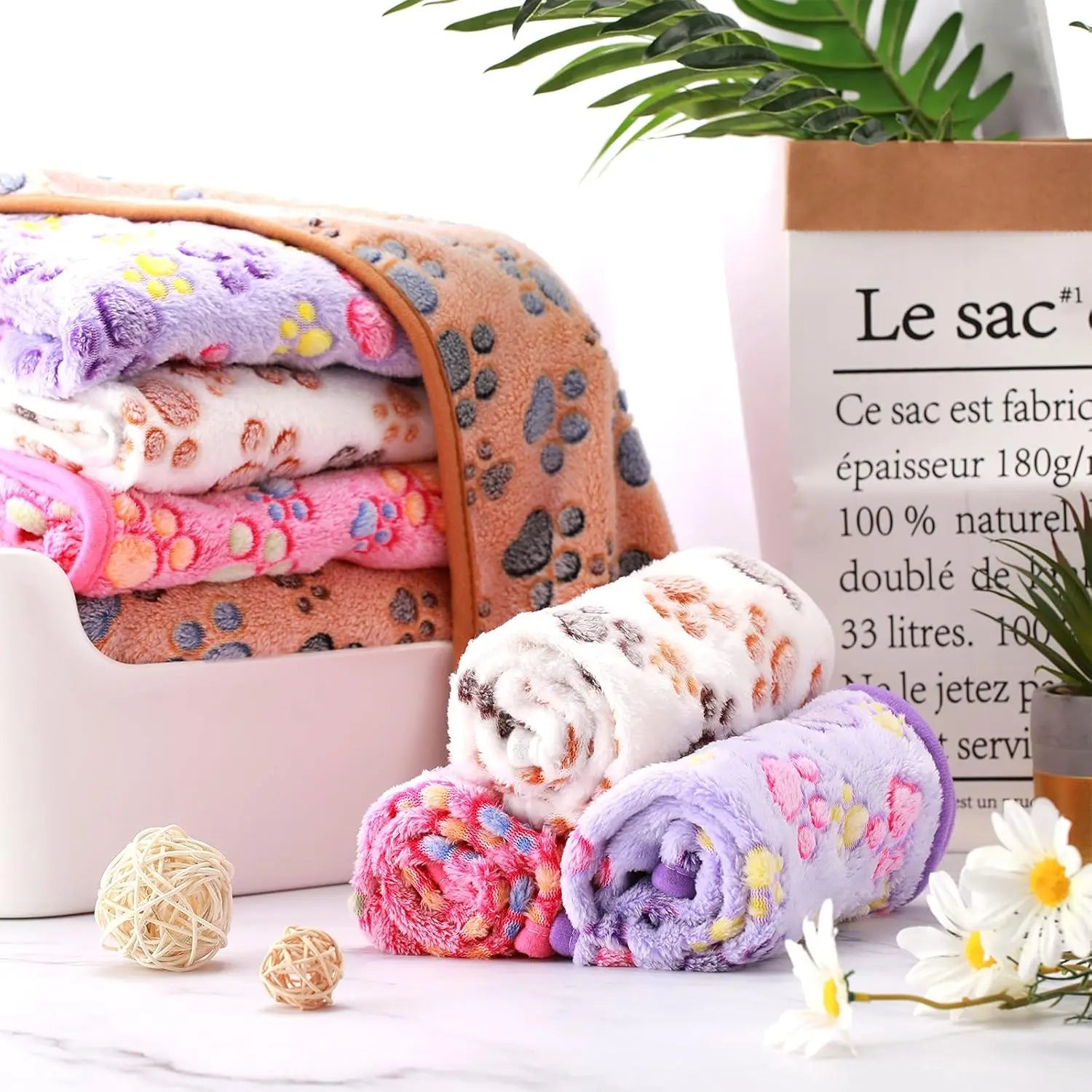 Pet Blanket Set with Paw Print Design Soft Fleece for Dogs