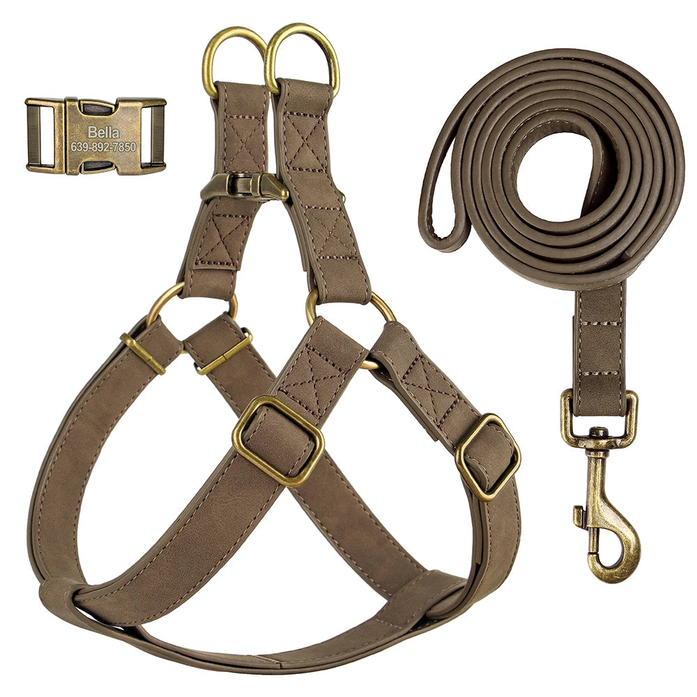 Custom PU Leather Harness And Leash Engraved Dog