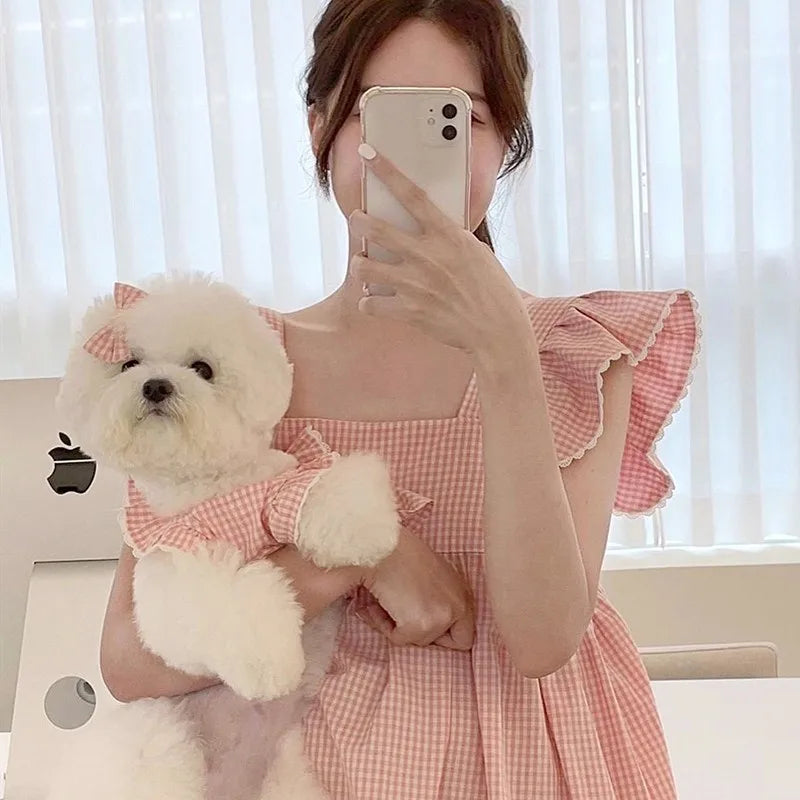 Summer pet dog dress pink plaid lace lace  pet clothes