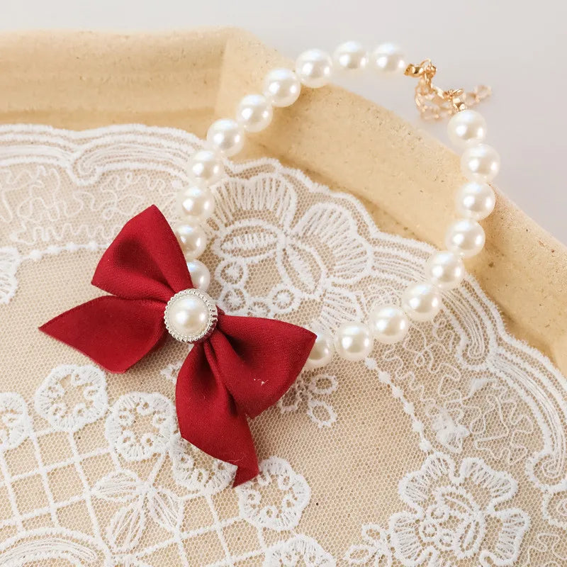 Pet Collar Pearl Bow Necklace Jewelry Cute Collar Puppy