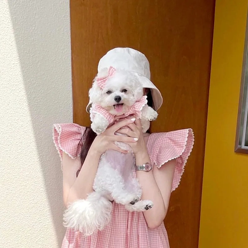 Summer pet dog dress pink plaid lace lace  pet clothes