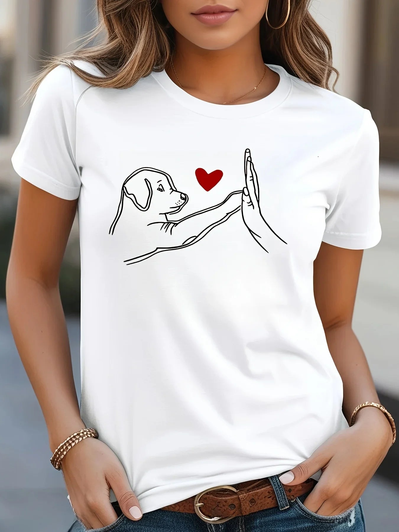 Fun Dog High Five and Heart Printed Women's T-shirt