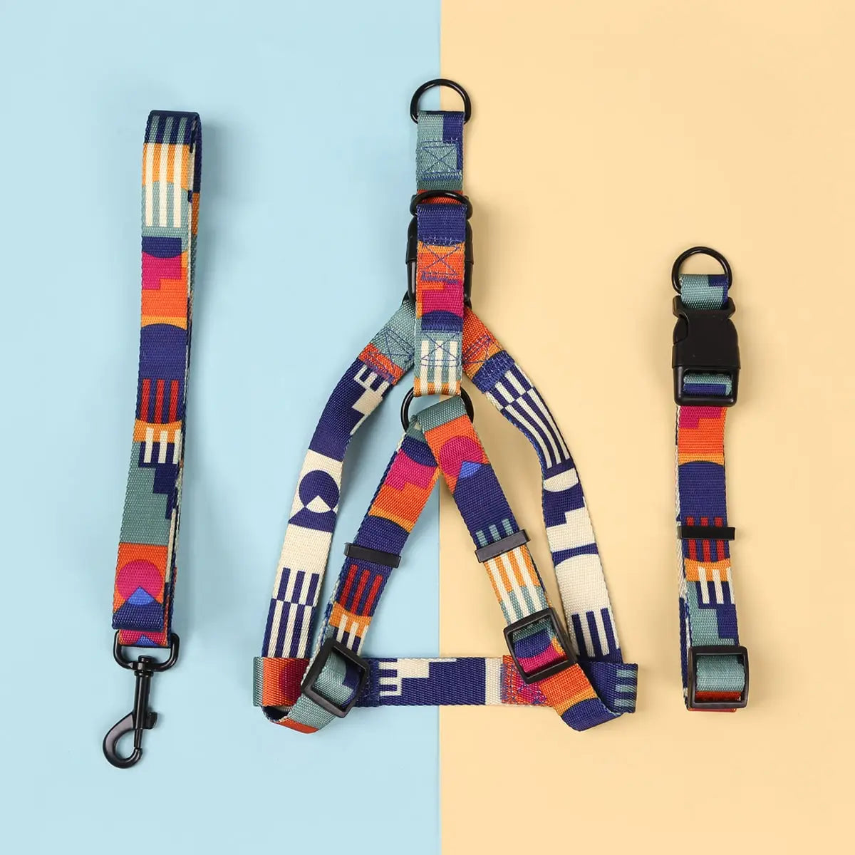 Dog Harness and Leash Abstract Patchwork Colors