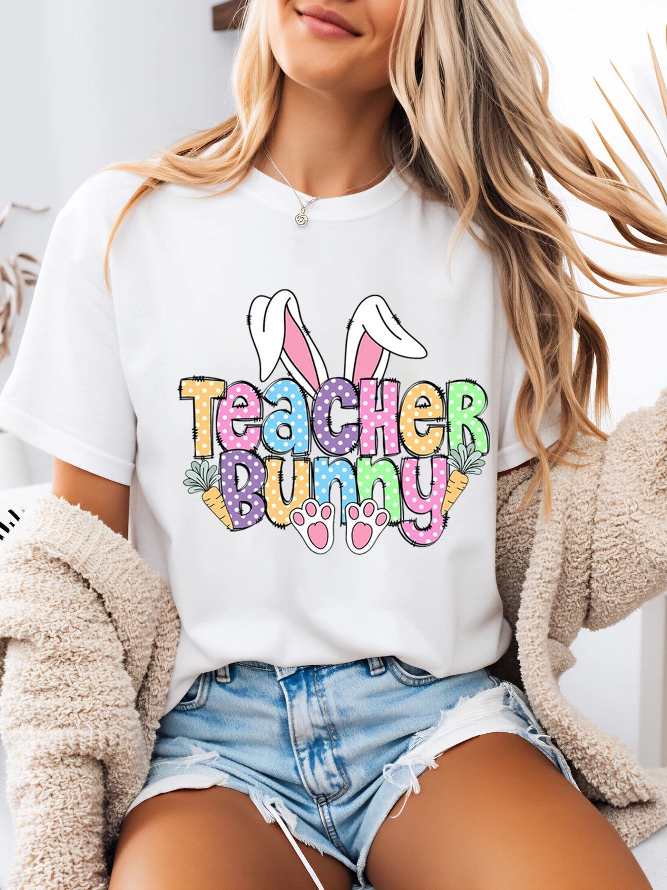 Teacher Bunny Easter Print T-Shirt Women Casual Outfit