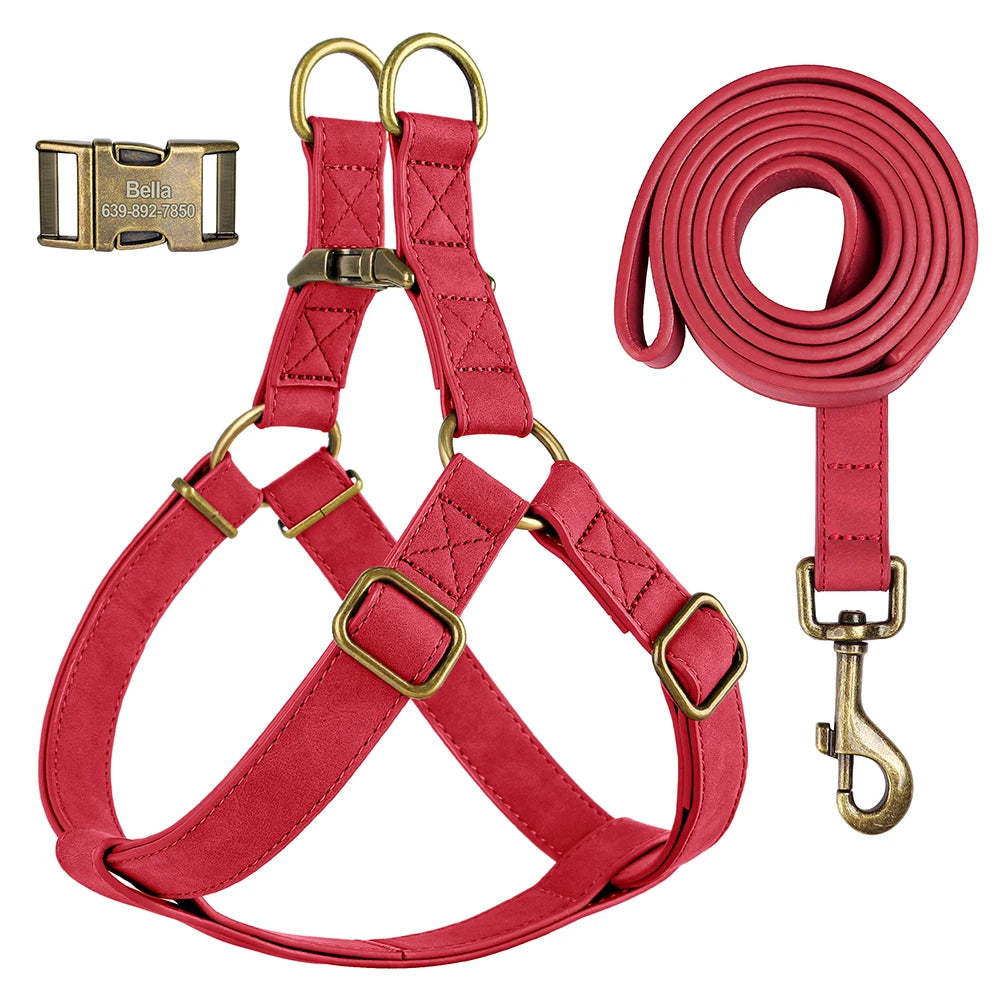 Custom PU Leather Harness And Leash Engraved Dog