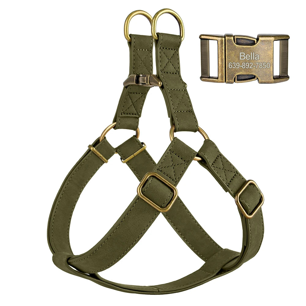 Custom PU Leather Harness And Leash Engraved Dog