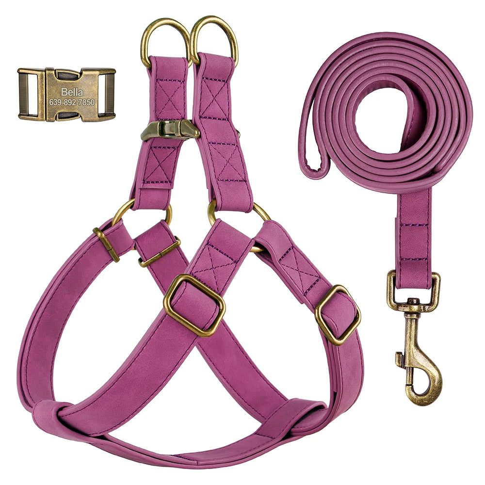 Custom PU Leather Harness And Leash Engraved Dog