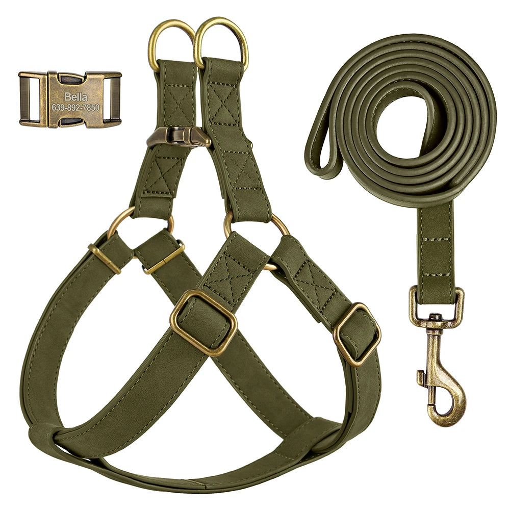 Custom PU Leather Harness And Leash Engraved Dog