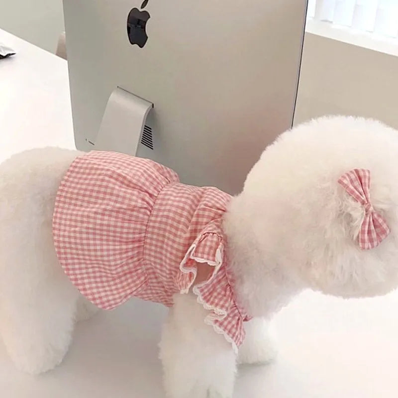 Summer pet dog dress pink plaid lace lace  pet clothes
