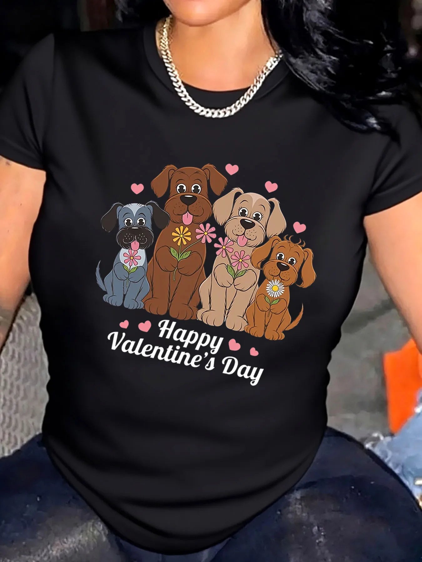 Women Plus Size T Shirt Valentine Dogs With Flowers Print