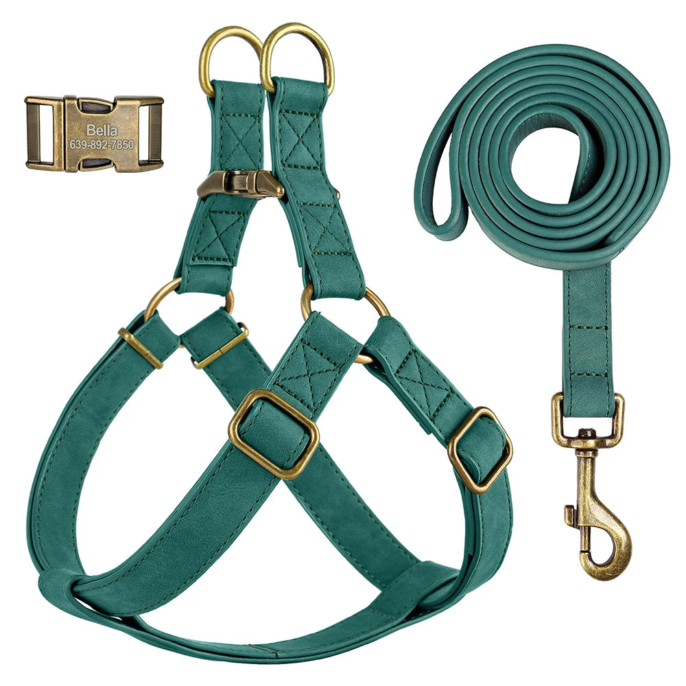 Custom PU Leather Harness And Leash Engraved Dog