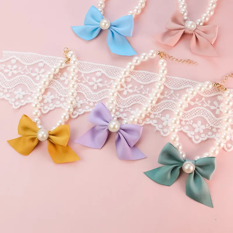 Pet Collar Pearl Bow Necklace Jewelry Cute Collar Puppy