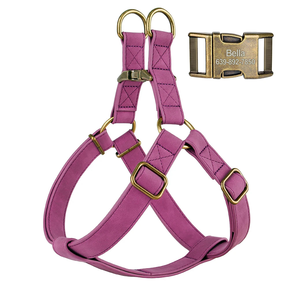 Custom PU Leather Harness And Leash Engraved Dog