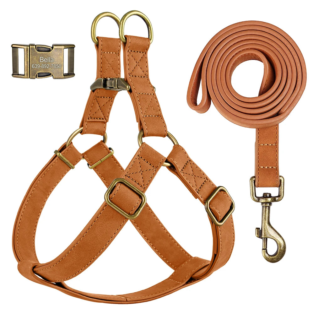 Custom PU Leather Harness And Leash Engraved Dog