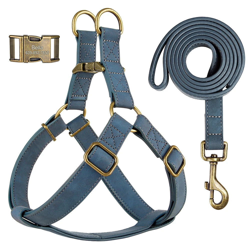 Custom PU Leather Harness And Leash Engraved Dog