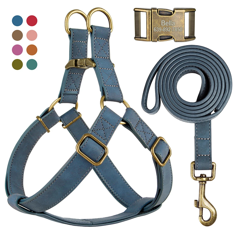 Custom PU Leather Harness And Leash Engraved Dog
