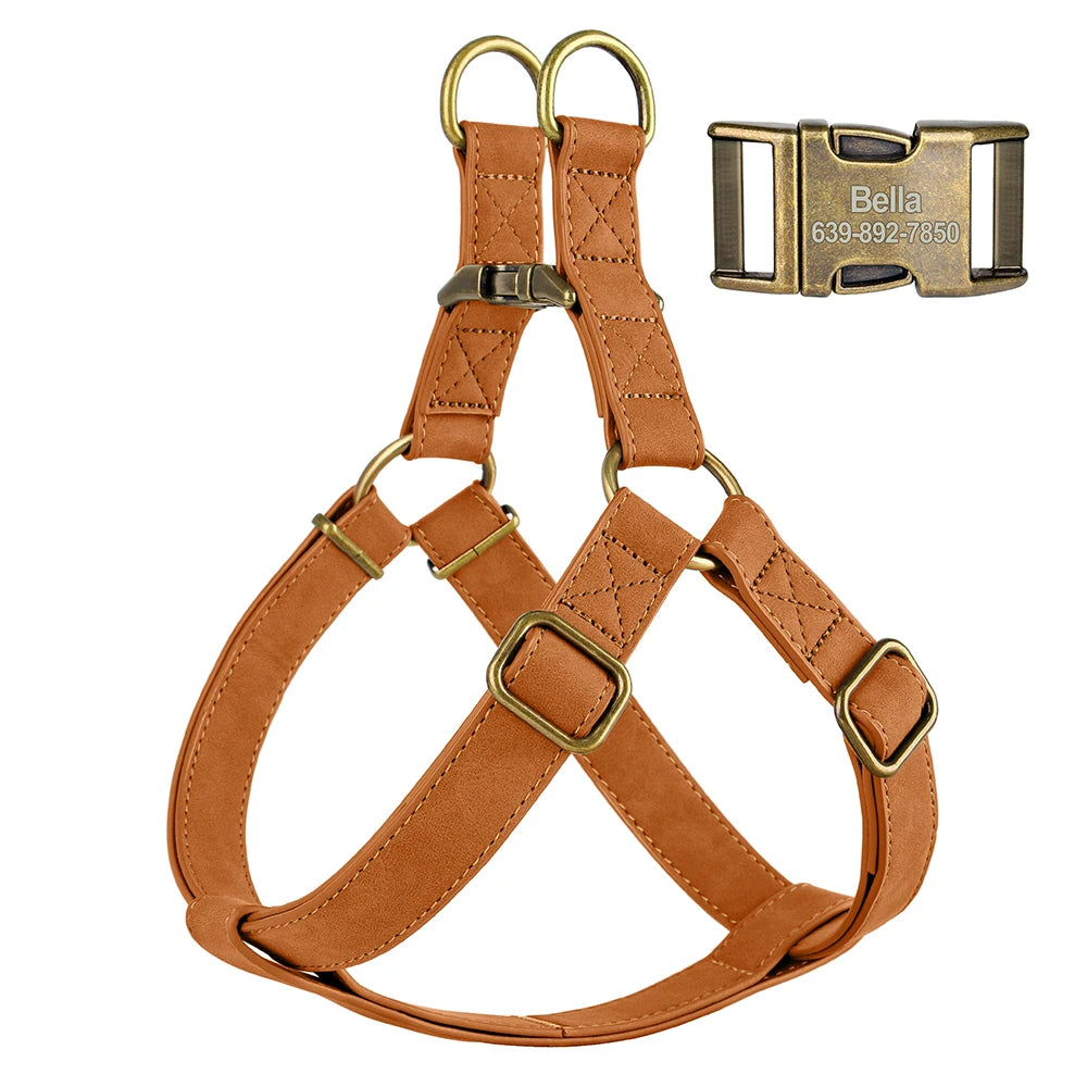Custom PU Leather Harness And Leash Engraved Dog