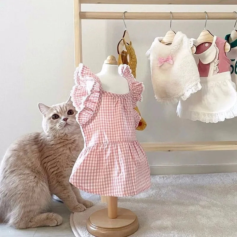 Summer pet dog dress pink plaid lace lace  pet clothes