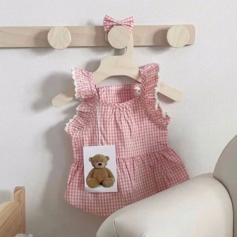 Summer pet dog dress pink plaid lace lace  pet clothes