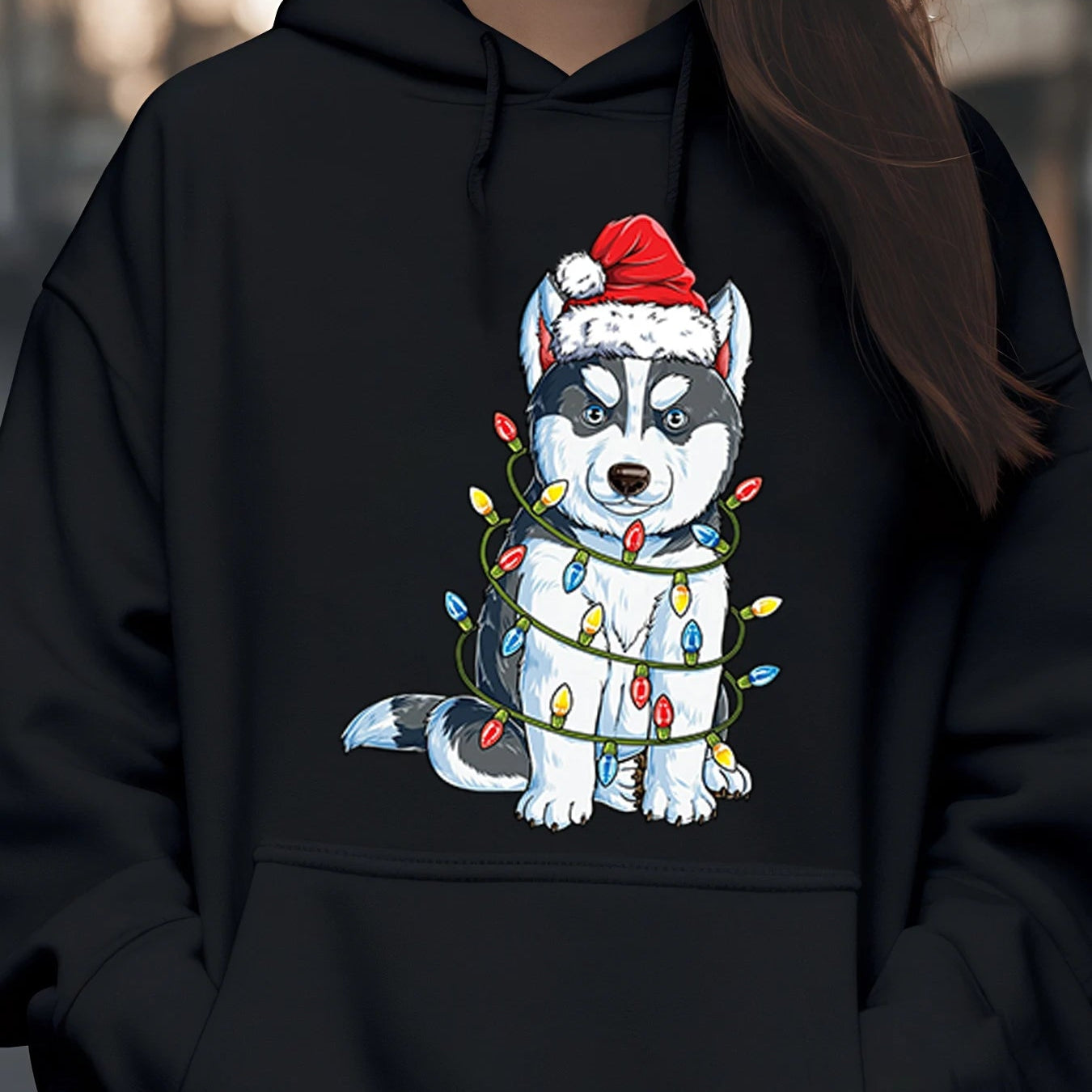 Husky Dog with Christmas Lights and Santa Hat Sweatshirt