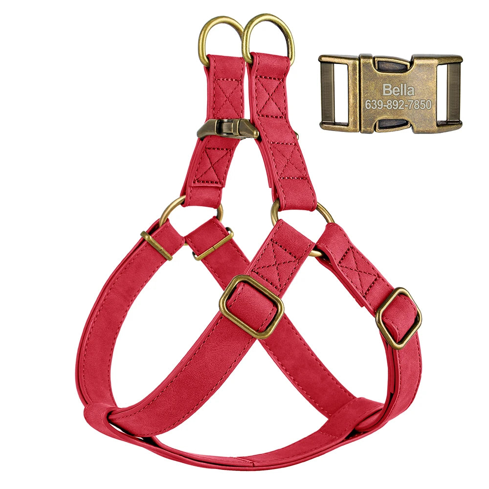 Custom PU Leather Harness And Leash Engraved Dog