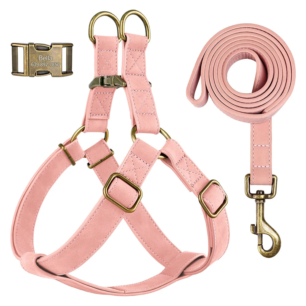 Custom PU Leather Harness And Leash Engraved Dog